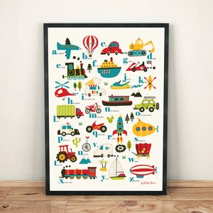 Fahrzeuge Alphabet Kinderkunstdruck A3, Transport Alphabet Poster, Kinderwandkunst, Jungen-Schlafzimmerdekor