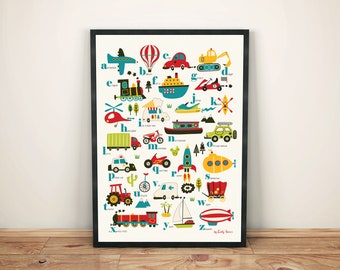 Vehicles Alphabet Children's art print A3, transport alphabet poster, kids wall art, boys bedroom decor