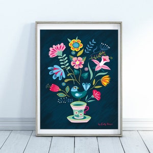 Folk art floral art print, A3, vintage tea cup and bird decorative illustration print image 5