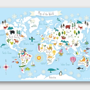 May include: A colorful illustrated world map with animals and landmarks. The map is on a light blue background with white snowflakes. The continents are white with blue oceans. The map includes the text "Map of the World".