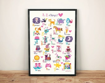 Alphabet poster, childrens art print, instant download, girls bedroom wall art, cute, pretty poster, girls room art
