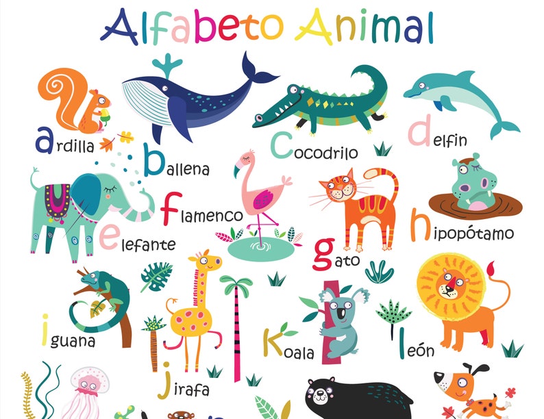 Spanish Animal Alphabet Poster Digital download in 4 sizes, kids wall art, classroom wall poster educational print image 3