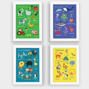Set of 4 Spanish Animal wall posters, digital download, colourful language learning wall art prints for kids bedroom or classroom wall