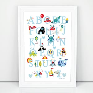 Nursery Alphabet Print with blue lettering, digital download