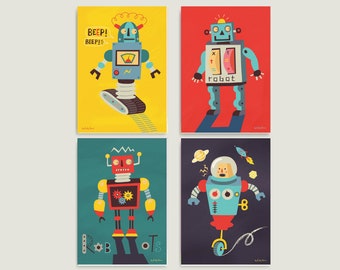 Robot Art Print, digital download set of 4 colourful wall art retro robot illustrations for children's bedroom