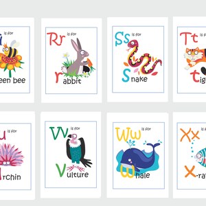 Animal Alphabet Flashcards, digital download illustrated home learning or classroom ABC prints, fun and educational phonics cards image 4