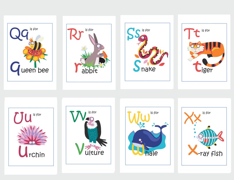 Animal Alphabet Flashcards, digital download illustrated home learning or classroom ABC prints, fun and educational phonics cards image 4