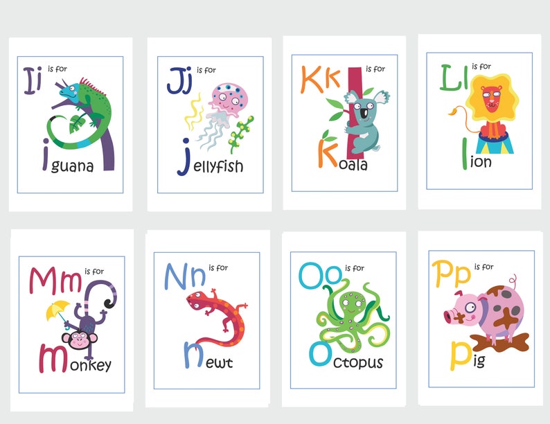 Animal Alphabet Flashcards, digital download illustrated home learning or classroom ABC prints, fun and educational phonics cards image 3