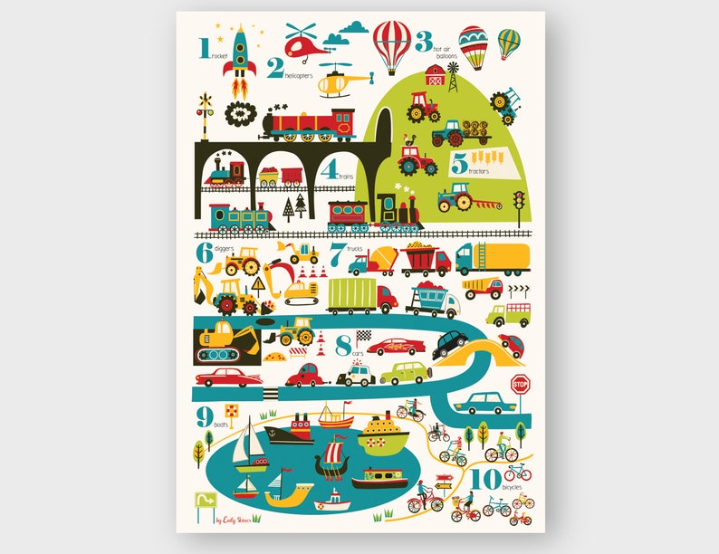 Vehicles Counting Numbers Childrens Poster, digital download image 10