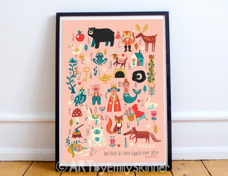 A3 Fairytale ABC print alphabet poster kids wall art girls image 0