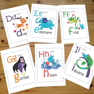 Animal Alphabet Flashcards, digital download illustrated home learning or classroom ABC prints, fun and educational phonics cards