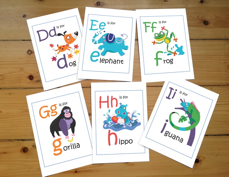 Animal Alphabet Flashcards, digital download illustrated home learning or classroom ABC prints, fun and educational phonics cards image 1