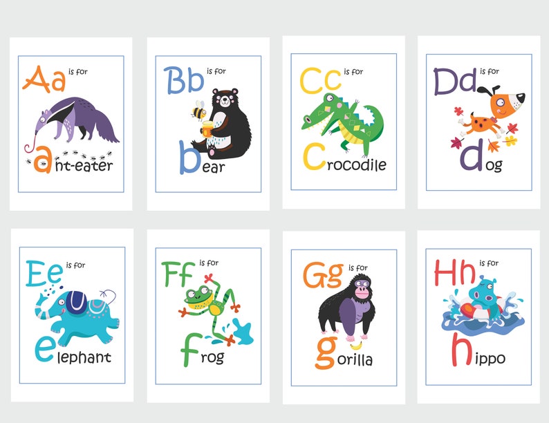 Animal Alphabet Flashcards, digital download illustrated home learning or classroom ABC prints, fun and educational phonics cards image 2