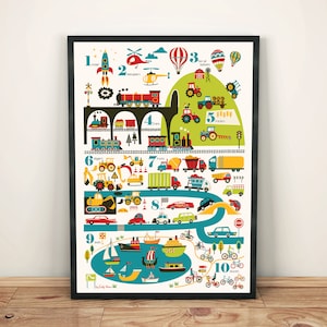 A3 Fahrzeuge Zählen Zahlen Poster, lustig und lehrreich Kinderzimmer Dekor Kunstdruck