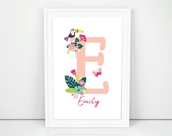 Personalised Name Print with decorative initial letter, and pretty bird and flowers in pastel pink, size A4