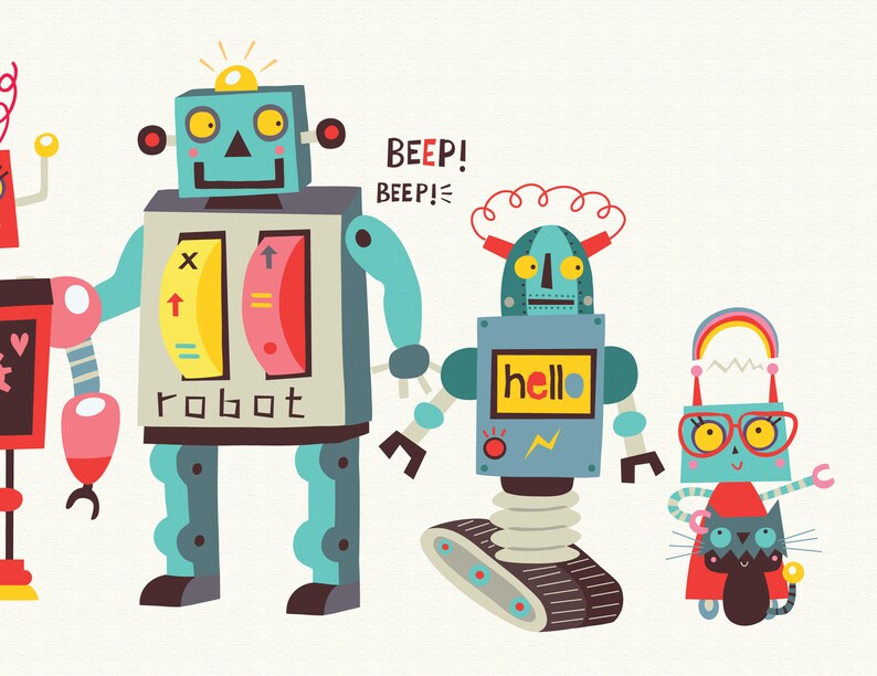 Children's art prints, robot family print, instant download, kids wall art, children bedroom decor, robot illustrations image 5