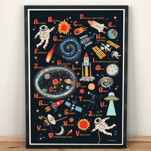 Póster del alfabeto espacial para niños, impresión de arte gráfico de pared lindo y educativo, perfecto para el dormitorio de un niño