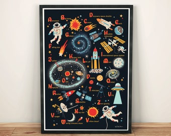 May include: A colorful alphabet poster with space-themed illustrations. Each letter of the alphabet is paired with a space-related word, such as astronaut, big bang, comet, discovery space shuttle, earth, falling star, galaxy, Hubble telescope, international space station, Jupiter, Kuiper belt, lift off, moon, Neptune, orbit, planets, quasar, rocket, satellite, telescope, UFO, voyager, waxing crescent moon, x-ray star, yellow dwarf, and zero gravity.