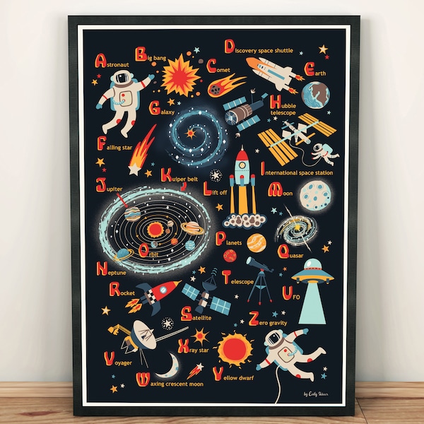 Children's Space Alphabet Poster, cute and educational graphic wall art print, perfect for a child's bedroom