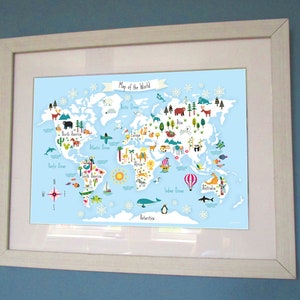 May include: A framed world map with a blue background and colorful illustrations of animals and landmarks. The map includes the continents of North America, South America, Europe, Asia, Africa, Australia, and Antarctica. The title of the map is "Map of the World".