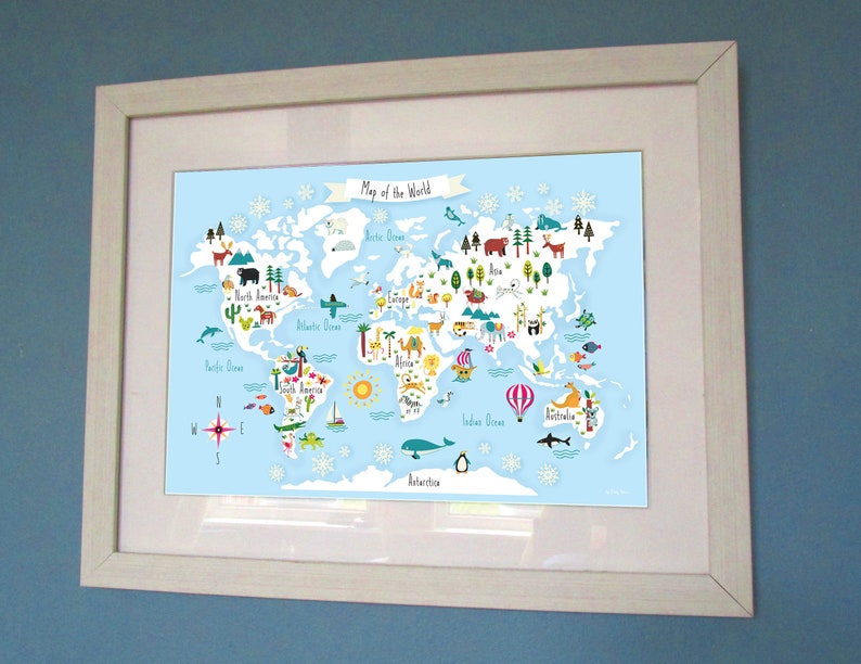 May include: A framed world map with a blue background and colorful illustrations of animals and landmarks. The map includes the continents of North America, South America, Europe, Asia, Africa, Australia, and Antarctica. The title of the map is "Map of the World".