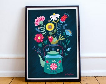 Folk Art Floral print, A3, with pretty bird and vintage decorative teapot, illustration art print