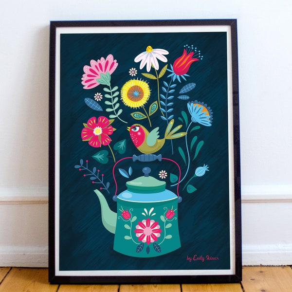 Folk Art Floral print, A3, with pretty bird and vintage decorative teapot, illustration art print