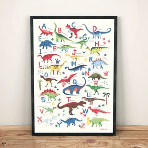 Poster con l'alfabeto dei dinosauri, stampa artistica da parete per bambini in formato A3 con illustrazioni dettagliate dei dinosauri, decorazione da parete divertente ed educativa