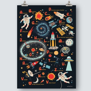 宇宙アルファベット ABC ポスター、即時ダウンロード、子供用ウォール アート、子供部屋用宇宙装飾、子供用アート プリント、宇宙飛行士プリント