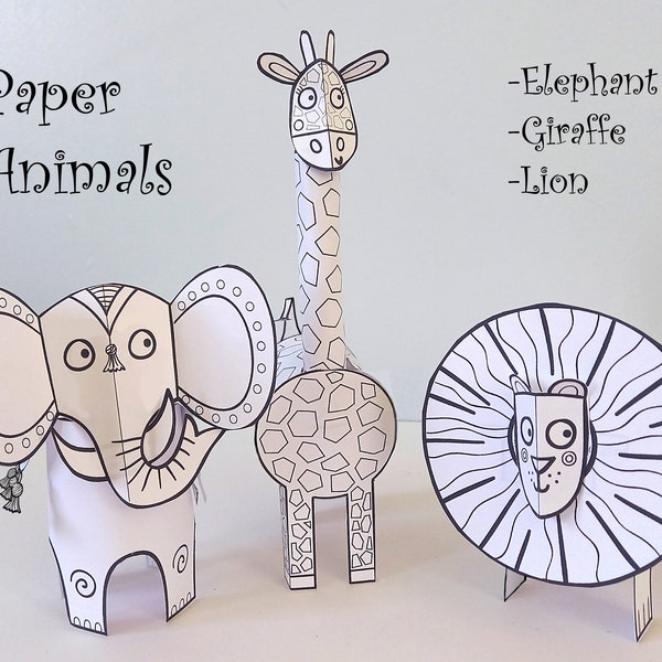 Paper Animals actividad de manualidad imprimible para niños, descarga digital para colorear y manualidades, SVG fácil de hacer modelos