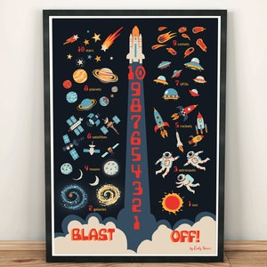 May include: A colorful educational poster for kids featuring a rocket ship and space-themed illustrations. The poster counts down from 10 to 1, with each number corresponding to a different space object, such as stars, planets, comets, and astronauts. The poster also includes the text "BLAST OFF!" and "by Emily Rowan".