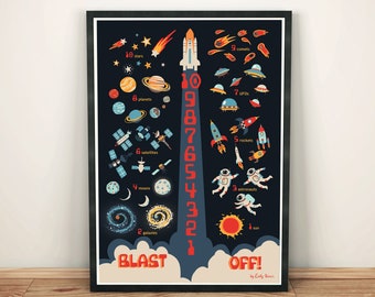 Space countdown children's art print, instant download, 4 sizes, number poster