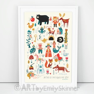 Cartel del alfabeto, descarga instantánea, arte de pared para niños de cuento de hadas, decoración de guardería, dormitorio de niña, estampado de arte abc, arte popular decorativo