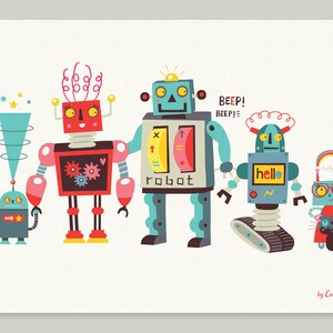 Children's art prints, robot family print, instant download, kids wall art, children bedroom decor, robot illustrations image 3