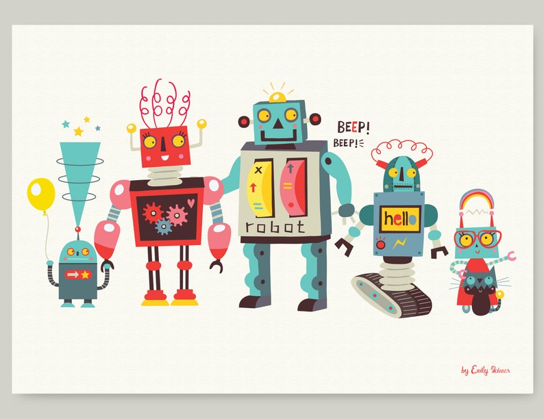 Children's art prints, robot family print, instant download, kids wall art, children bedroom decor, robot illustrations image 3