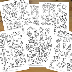 Printable Colouring Sheets, instant download, 5 x fun animals, birds, nature, spring and summer themed illustrations to colour