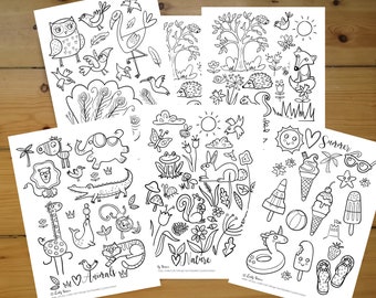Printable Colouring Sheets, instant download, 5 x fun animals, birds, nature, spring and summer themed illustrations to colour