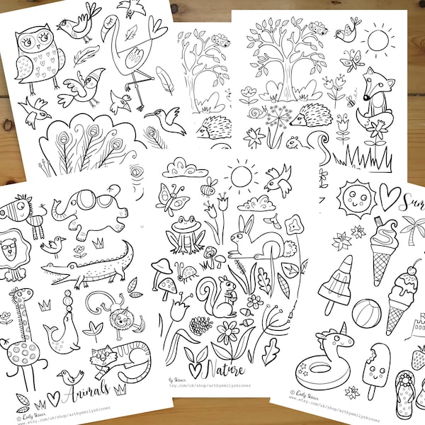 Printable Colouring Sheets, instant download, 5 x fun animals, birds, nature, spring and summer themed illustrations to colour