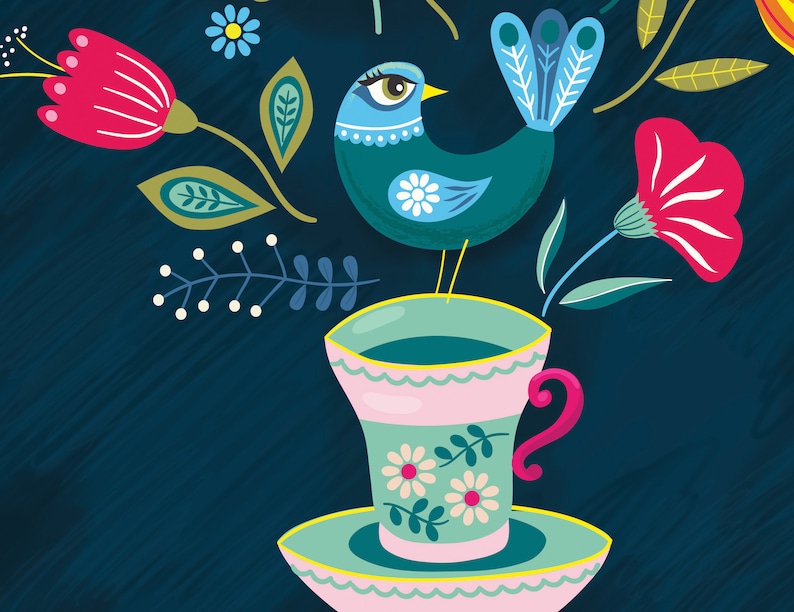 Folk art floral art print, A3, vintage tea cup and bird decorative illustration print image 4