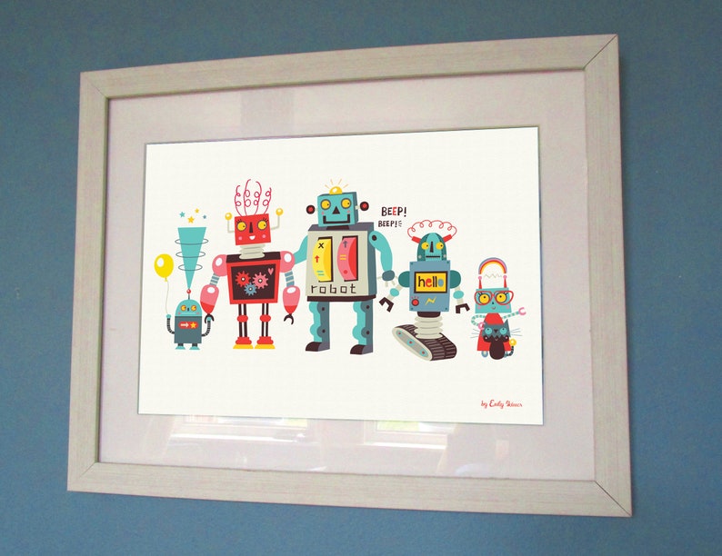 Children's art prints, robot family print, instant download, kids wall art, children bedroom decor, robot illustrations image 7