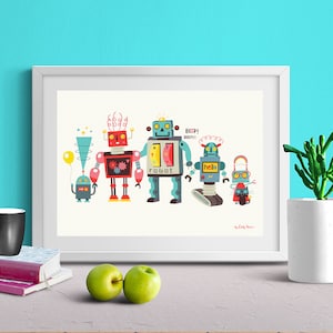 Children's art prints, robot family print, instant download, kids wall art, children bedroom decor, robot illustrations image 1