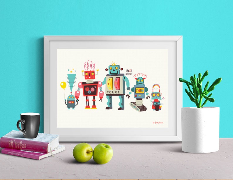 Children's art prints, robot family print, instant download, kids wall art, children bedroom decor, robot illustrations image 1