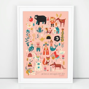 A3 Conte de fées ABC imprimé, affiche alphabet, art mural pour enfants, chambre de filles, décoration de crèche, art populaire, imprimé décoratif