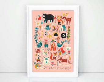 Fairytale ABC Print: Kids Nursery Folk Art Alphabet Poster