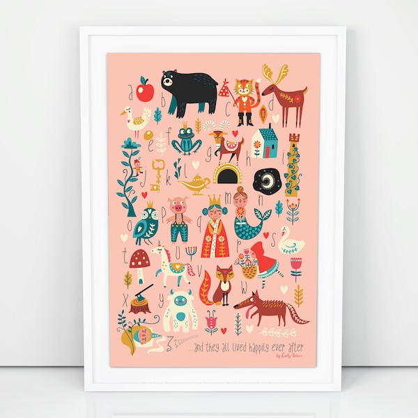 A3 Fairytale ABC print, alphabet poster, kids wall art, girls bedroom, nursery decor, folk art, decorative print
