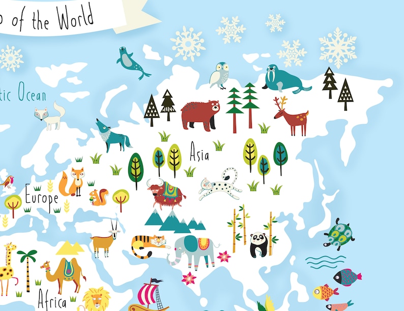 May include: A colorful illustrated world map with animals representing each continent. The map features a blue background with white continents and includes animals like a polar bear, a wolf, a fox, a squirrel, a yak, a tiger, a panda, an elephant, a camel, a giraffe, a lion, a deer, an owl, a walrus, a seal, a turtle, and fish. The continents are labeled "Europe", "Asia", and "Africa".