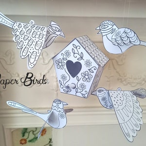 Paper Birds stampabile da colorare e artigianato per bambini, download digitale divertente e creativo arte e artigianato fogli di attività