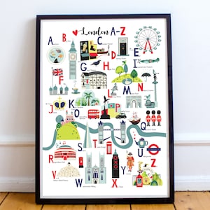 London Alphabet Art Print A3, illustrated souvenir of famous London landmarks, printed on quality silk paper
