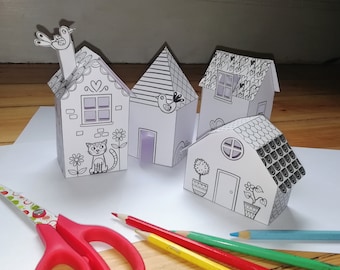 Fogli di attività stampabili Paper Houses, download istantaneo, colore, taglio e creazione, divertente attività di arti e mestieri per bambini