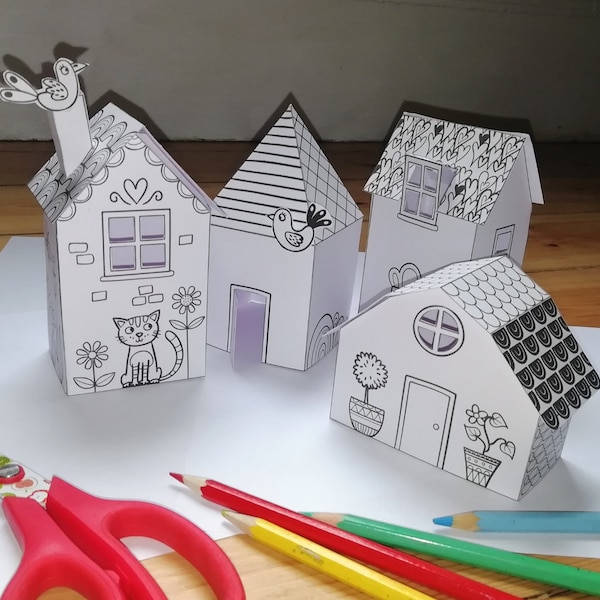 Arkusze ćwiczeń do wydrukowania w Paper Houses, natychmiastowe pobieranie, kolorowanie, wycinanie i tworzenie, ciekawe zajęcia plastyczne i rękodzielnicze dla dzieci